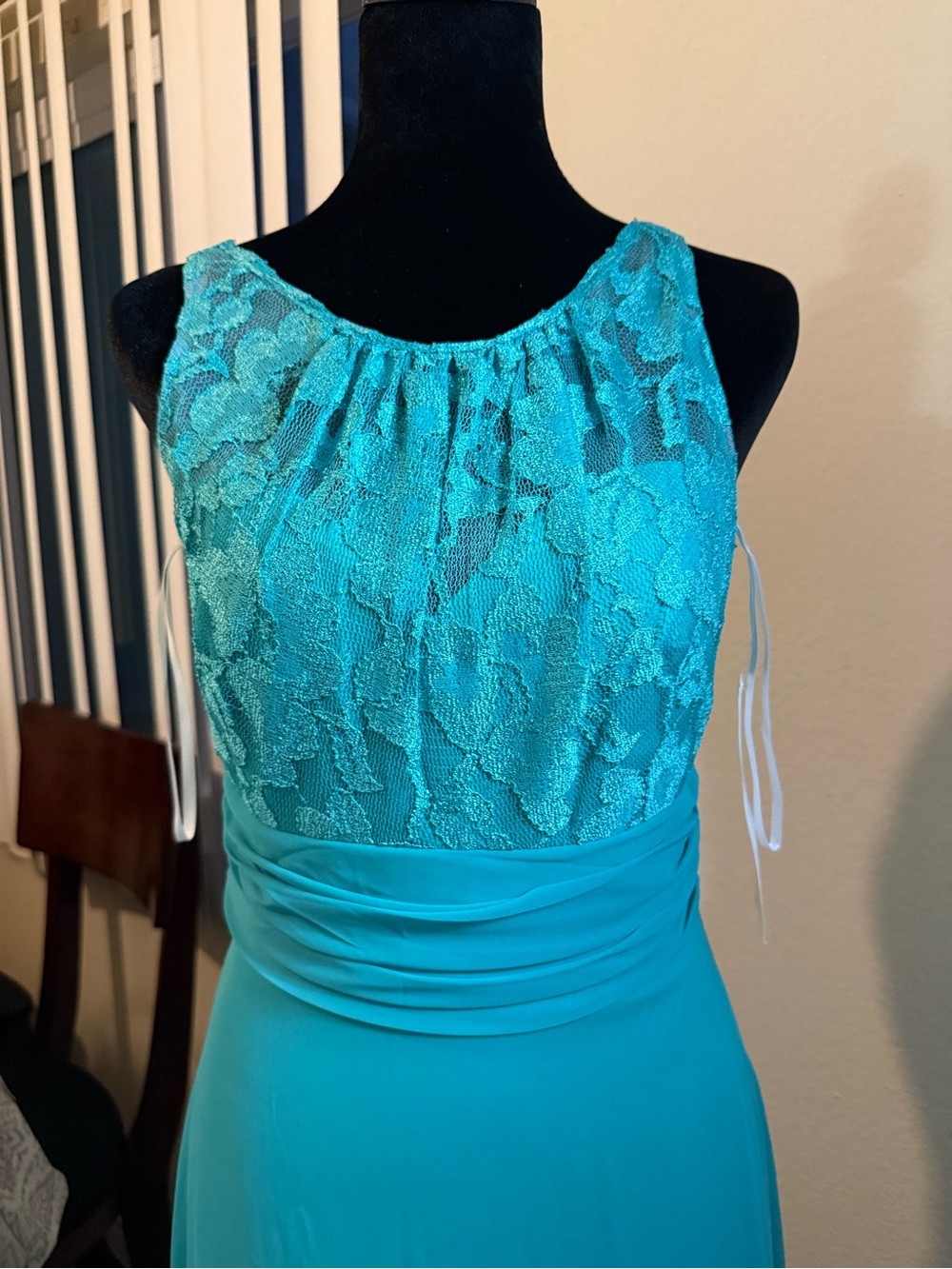 Turquoise Lace Bodice Maxi Dress with Draped Waist